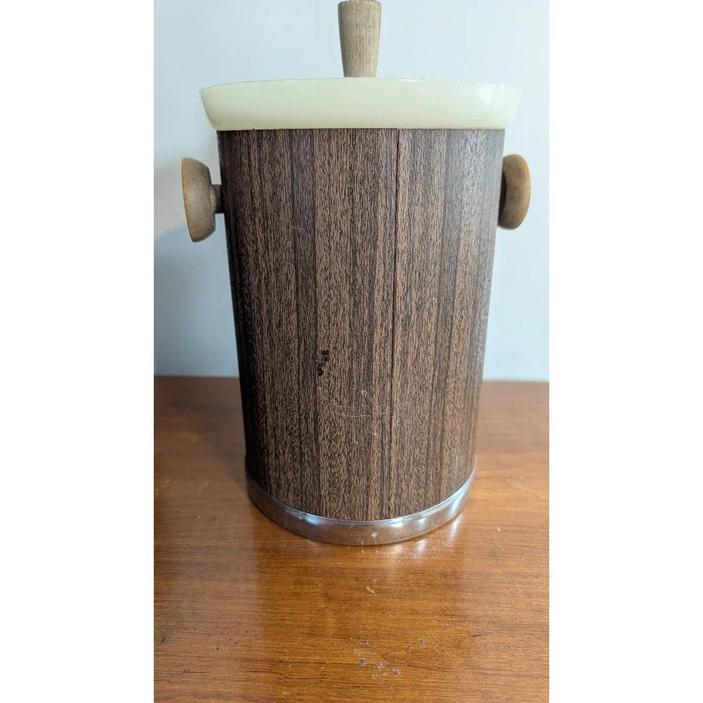 Vintage Kromex Ice Bucket Mid Century Modern Wood Grain Faux Bois Chrome USA